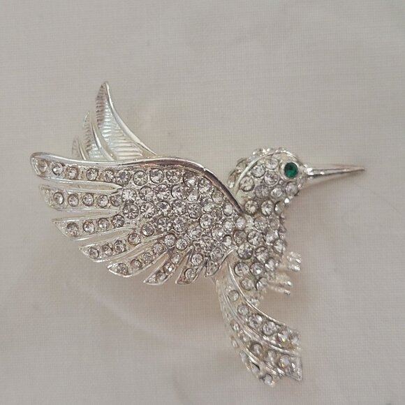 Silver-Tone Hummingbird Brooch Clear Rhinestones & Green Eye Vintage Pin Jewelry - Picture 2 of 6
